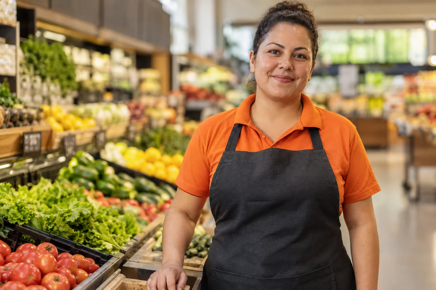 Funcionária de supermercado sorrindo no setor de hortifrúti